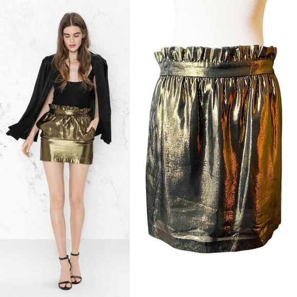 OTHER STORIES & LOS ANGELES ATELIER Gold Silk Mini Skirt Metallic Pockets 8 EUC - Picture 1 of 8